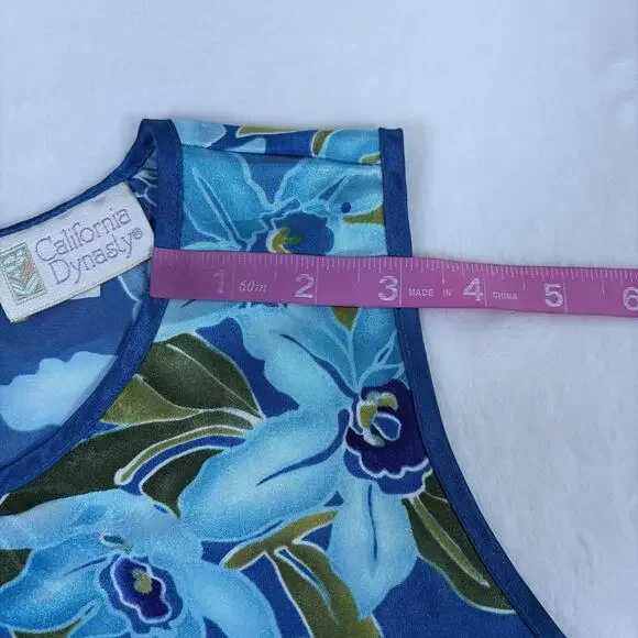 Vintage California Dynasty Blue Floral Satin Pajama Lounge Set Top Pants Medium - Picture 11 of 16